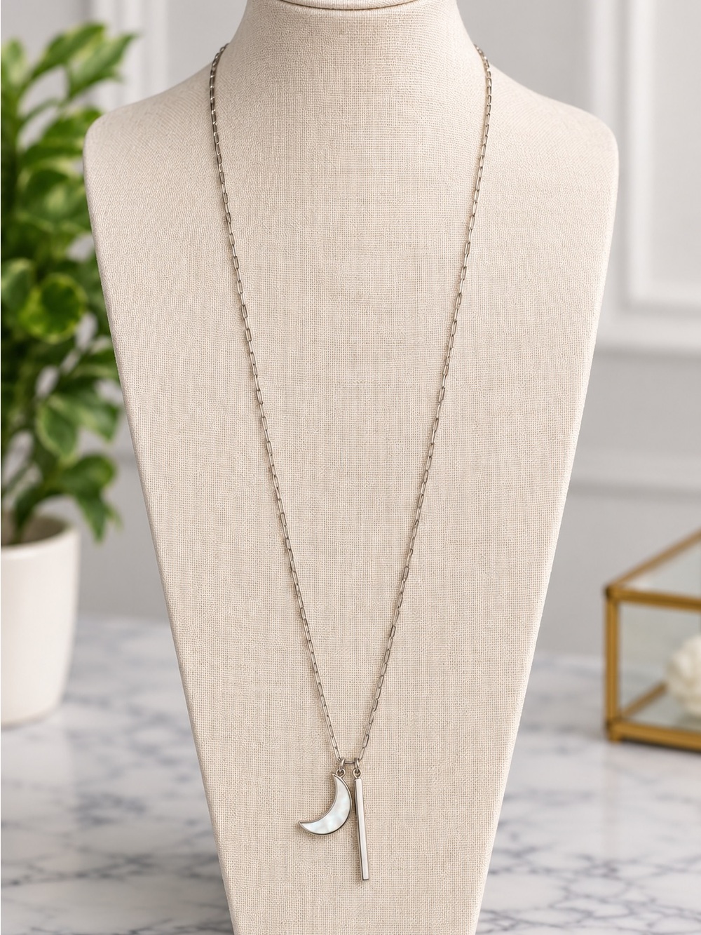 Silver Moon & Bar Pendant Necklace - Women Jewelry